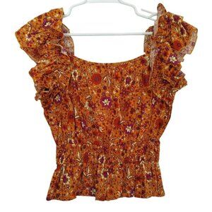 Orange Floral Ruffle Sleeve Smocked Peplum Top By Luna Moon  Womens, Size M. NWT